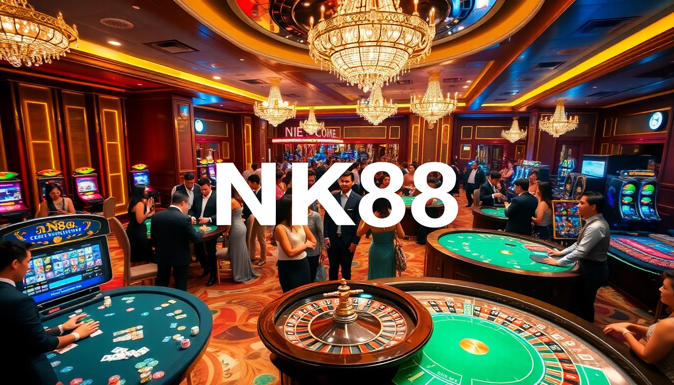 Players engaging in a thrilling casino experience at NK88's luxurious tables and machines.