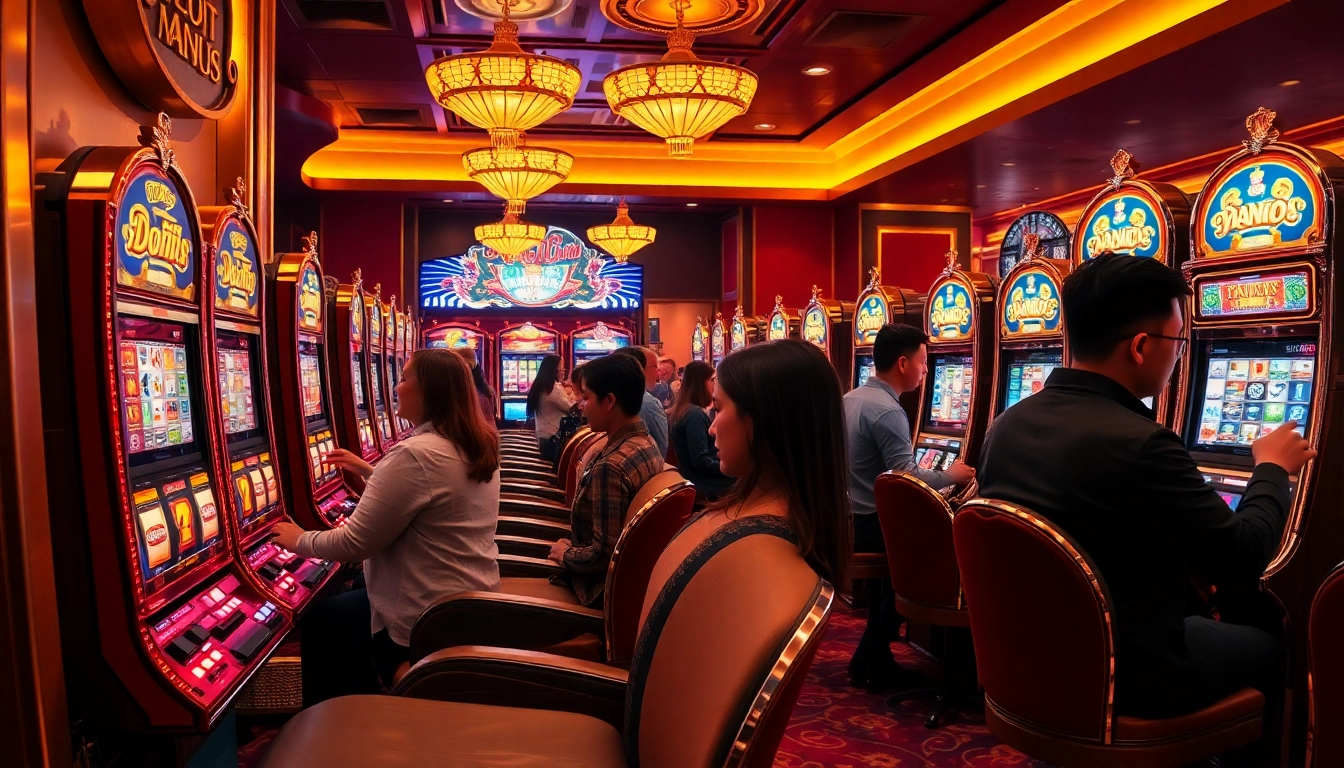 Players enjoying slot machines with a focus on slot deposit 1000 wins in an upscale casino setting.