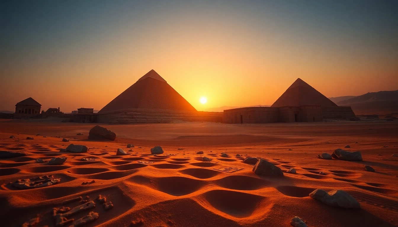 View of majestic piraminds in Egypt illuminated by sunset, showcasing ancient architecture.