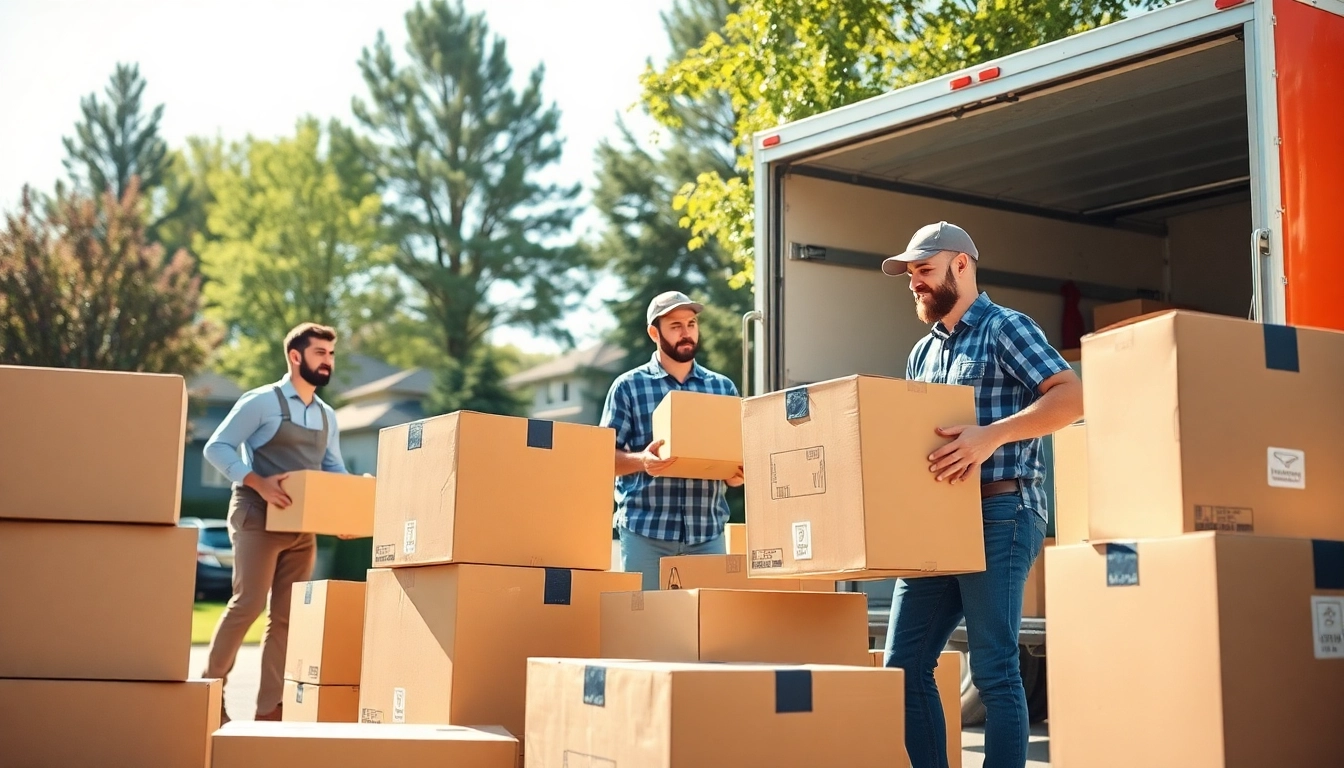 Moving Professionals efficiently packing and managing a residential move with teamwork and organization.