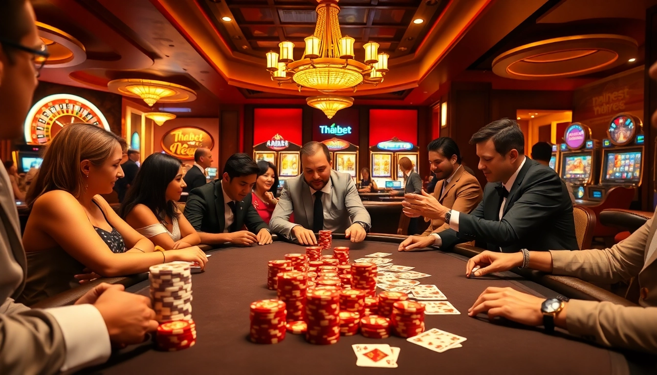 Experience the excitement of Thabet Vegas with high-stakes poker players at a luxurious casino table.