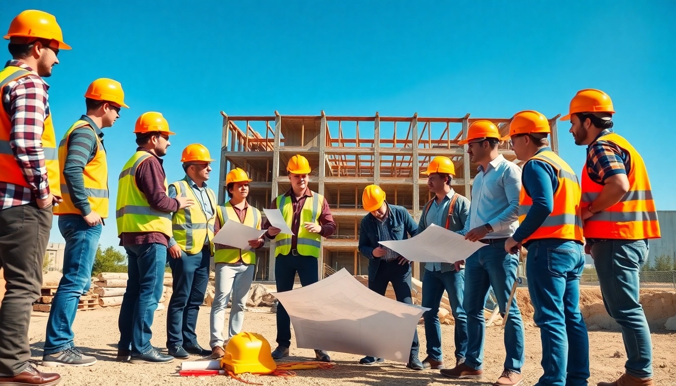 Teams from the construction association Denver collaborating on a building site.