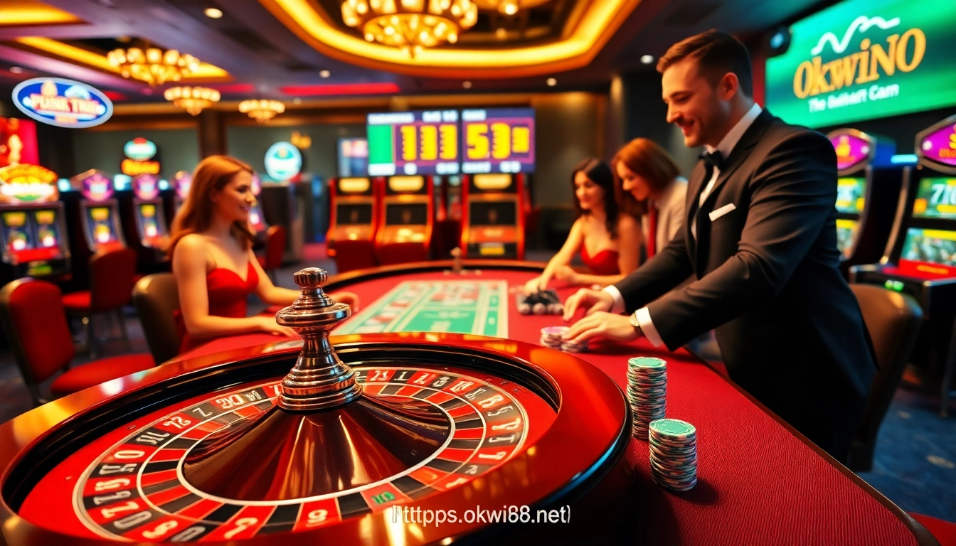 Experience thrilling gambling action at https://okwin68.net/ with a vibrant casino scene featuring roulette and poker chips.