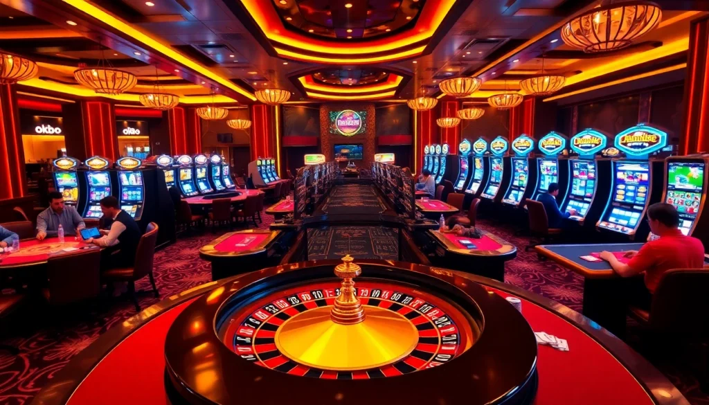Experience the thrill of betting at https://ok88.tech/ with an elegant casino setting featuring roulette and poker tables.