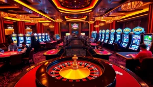 Experience the thrill of betting at https://ok88.tech/ with an elegant casino setting featuring roulette and poker tables.
