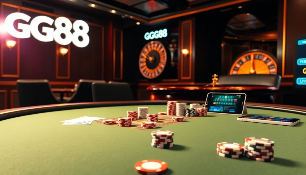 Engaging scene featuring GG88 poker setup with luxurious chips and cards, showcasing excitement in gambling.