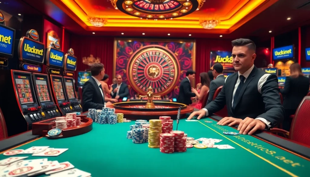 Trải nghiệm sự hồi hộp của trò chơi casino tại https://luck8.net, với những chip poker màu sắc và những người chơi đầy sức sống.