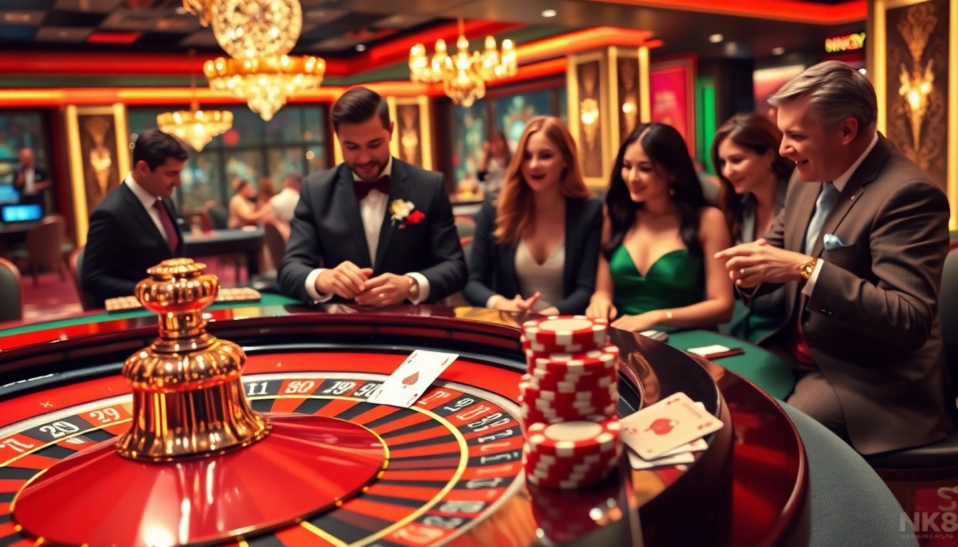 Engaging gamblers at NK88 casino surrounded by colorful chips and cards.