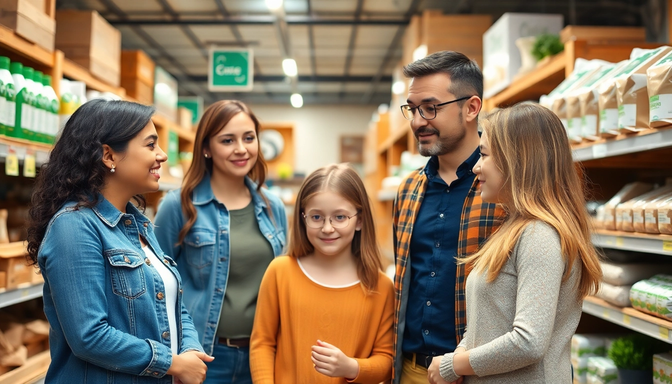 Gezin kiest duurzame kwaliteit materialen in een bouwmarkt met ecologische opties.