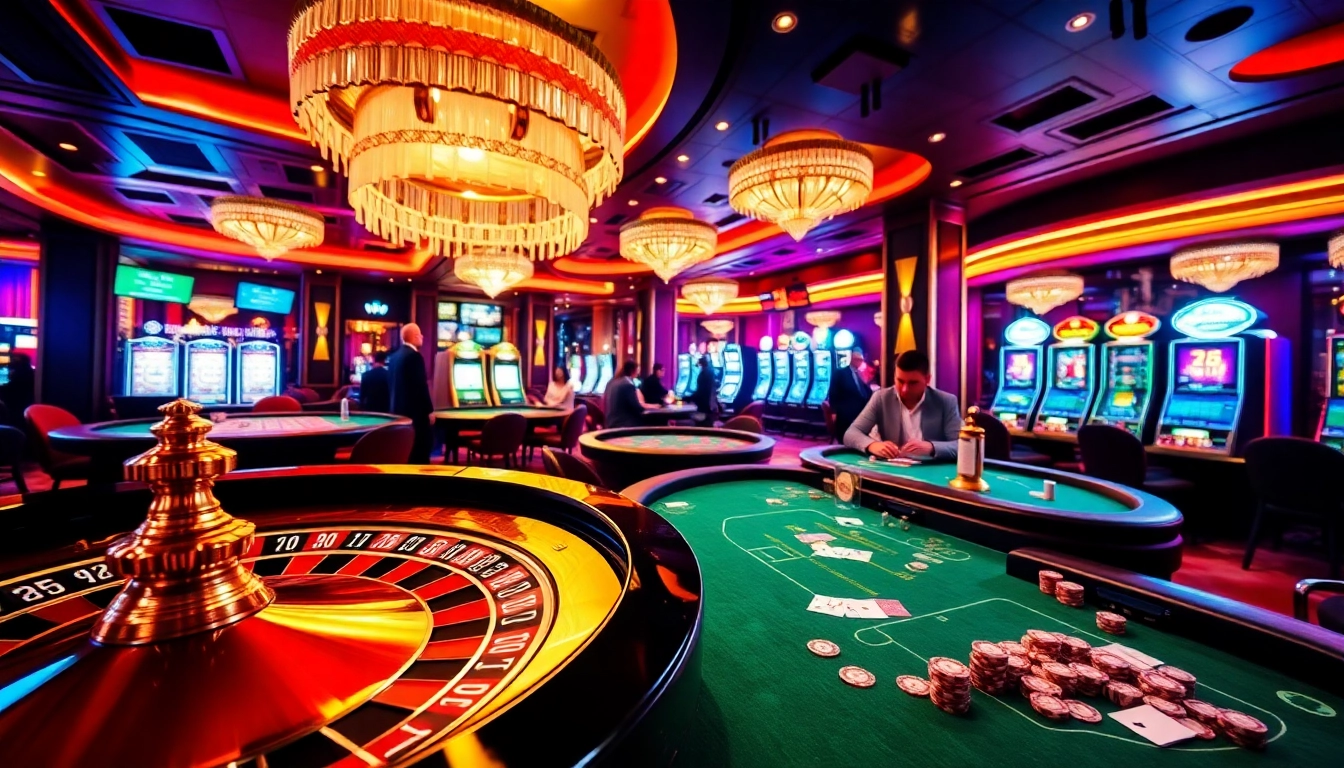 Excitement at a casino showcasing the link rr88 for diverse gambling options, featuring roulette and poker tables.