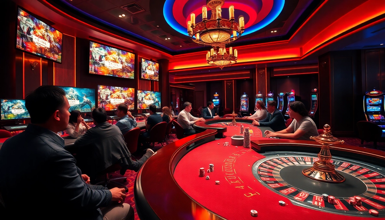 Exciting gamblers placing bets during live Trực tiếp Esport matches at a luxurious casino.