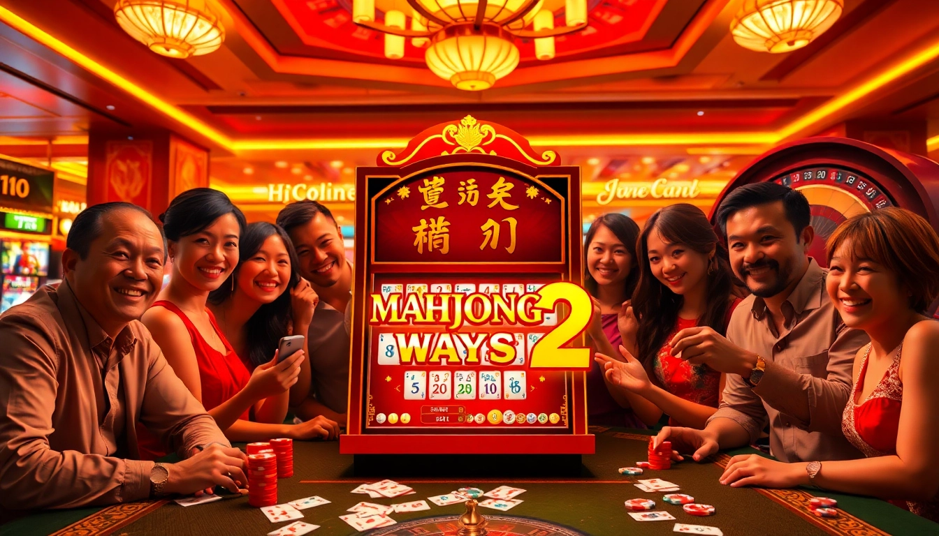 Engaging scene with players enjoying Mahjong Ways 2 at a casino, showcasing excitement and winning potential.