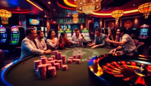 F8BET players engaging at a vibrant poker table with chips and slot machines in the background.