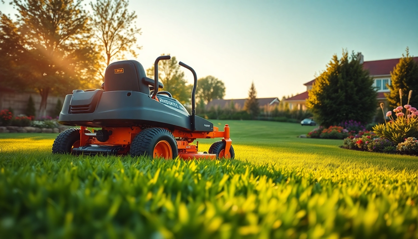 Zero turn mowers for sale enhancing a lush garden during golden hour.