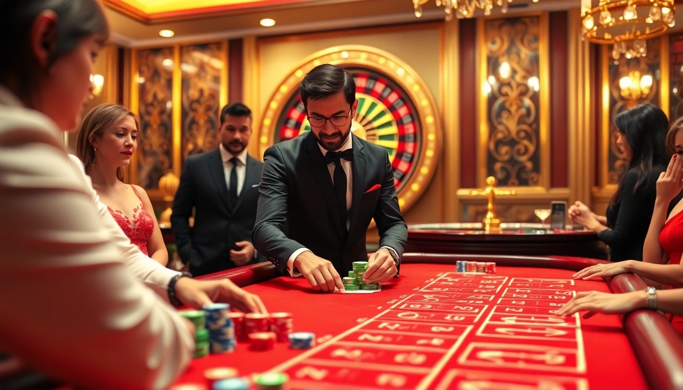 Engaging scene of nhà cái qq88 players at a baccarat table in a luxury casino setting with vibrant colors and excitement.