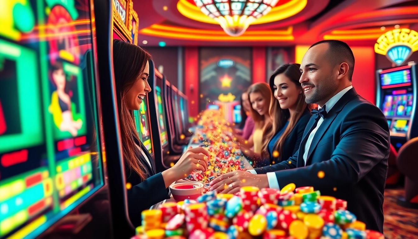 Exciting players engaging with slot gacor 777 machines in a luxurious casino environment.