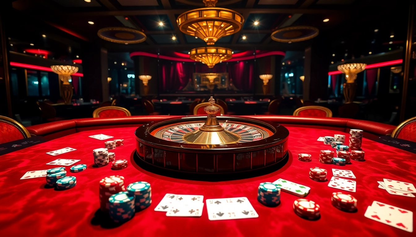 Atmosphère de casino excitante au meilleur casino en ligne avec des jetons de poker, des cartes et une roulette.