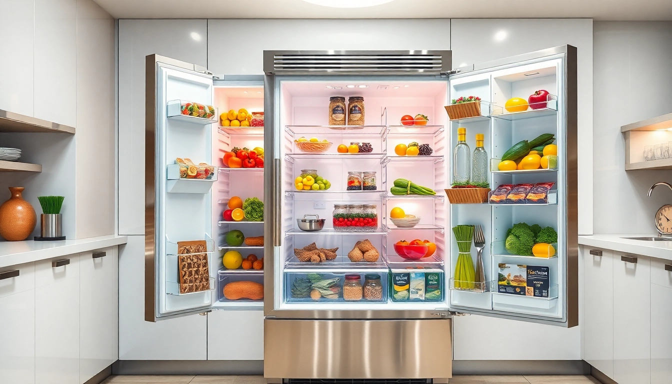 Open refrigerator displaying colorful food items in a bright kitchen.