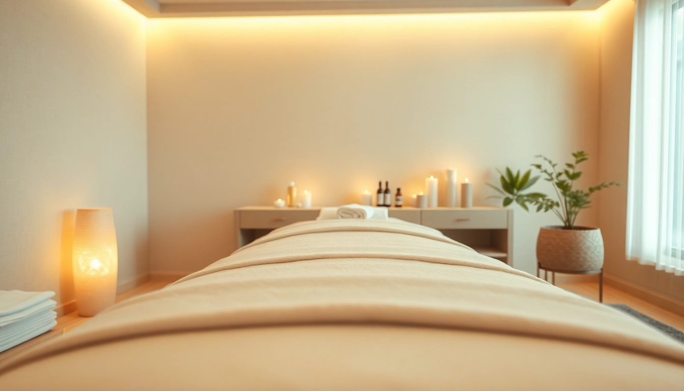 편안한 색상과 진정되는 분위기로 마사지의 본질을 보여주는 편안한 마사지 therapy 룸.