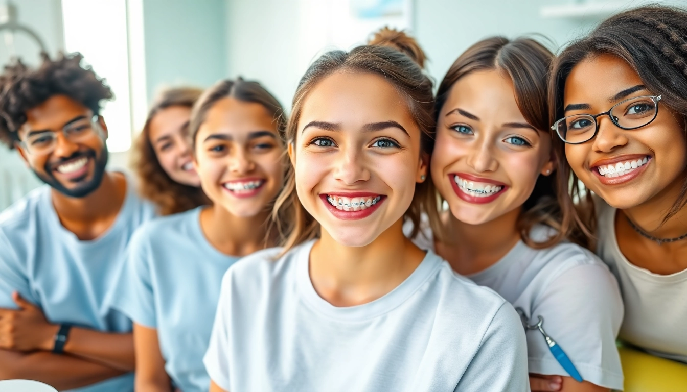 Teens confidently smiling with metal braces for teens Hawthorn in a bright dental office setting.