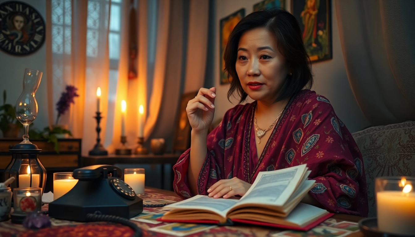 電話越しに電話占い 当たるのアドバイスを提供する熟練の占い師の魅力的なシーン、神秘的な要素に囲まれています。