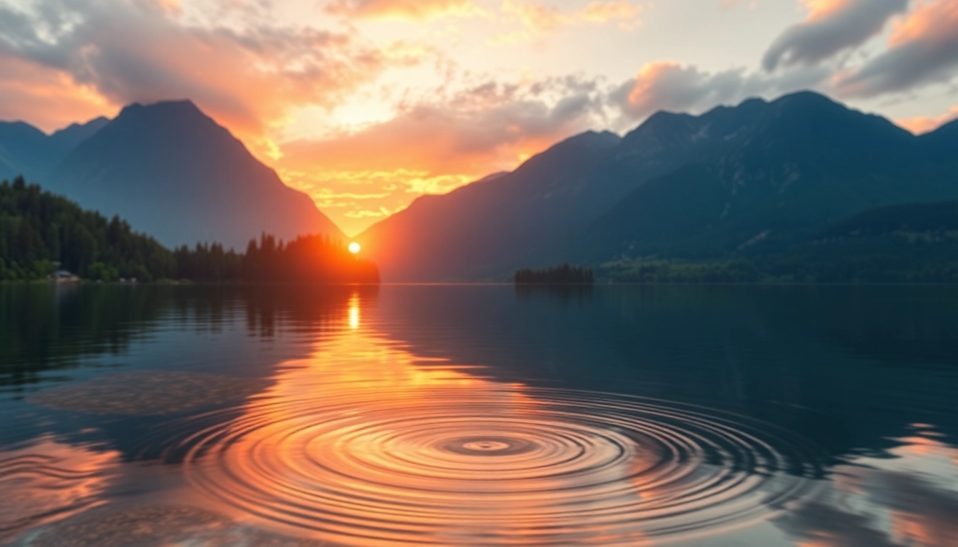 Image circle crop of a serene lake landscape at sunset, showcasing vibrant colors and natural beauty.