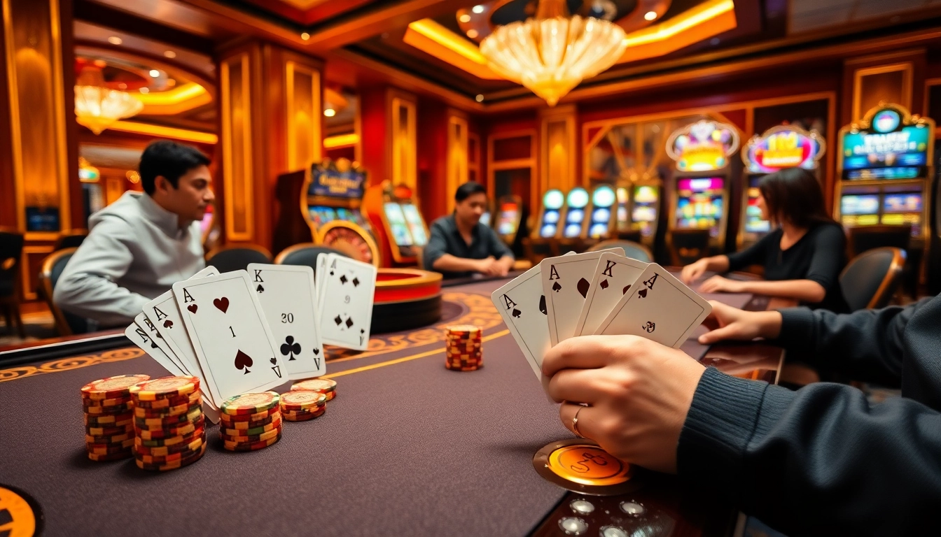 Engaged players enjoying a high-stakes game at Jun888's luxurious casino table.