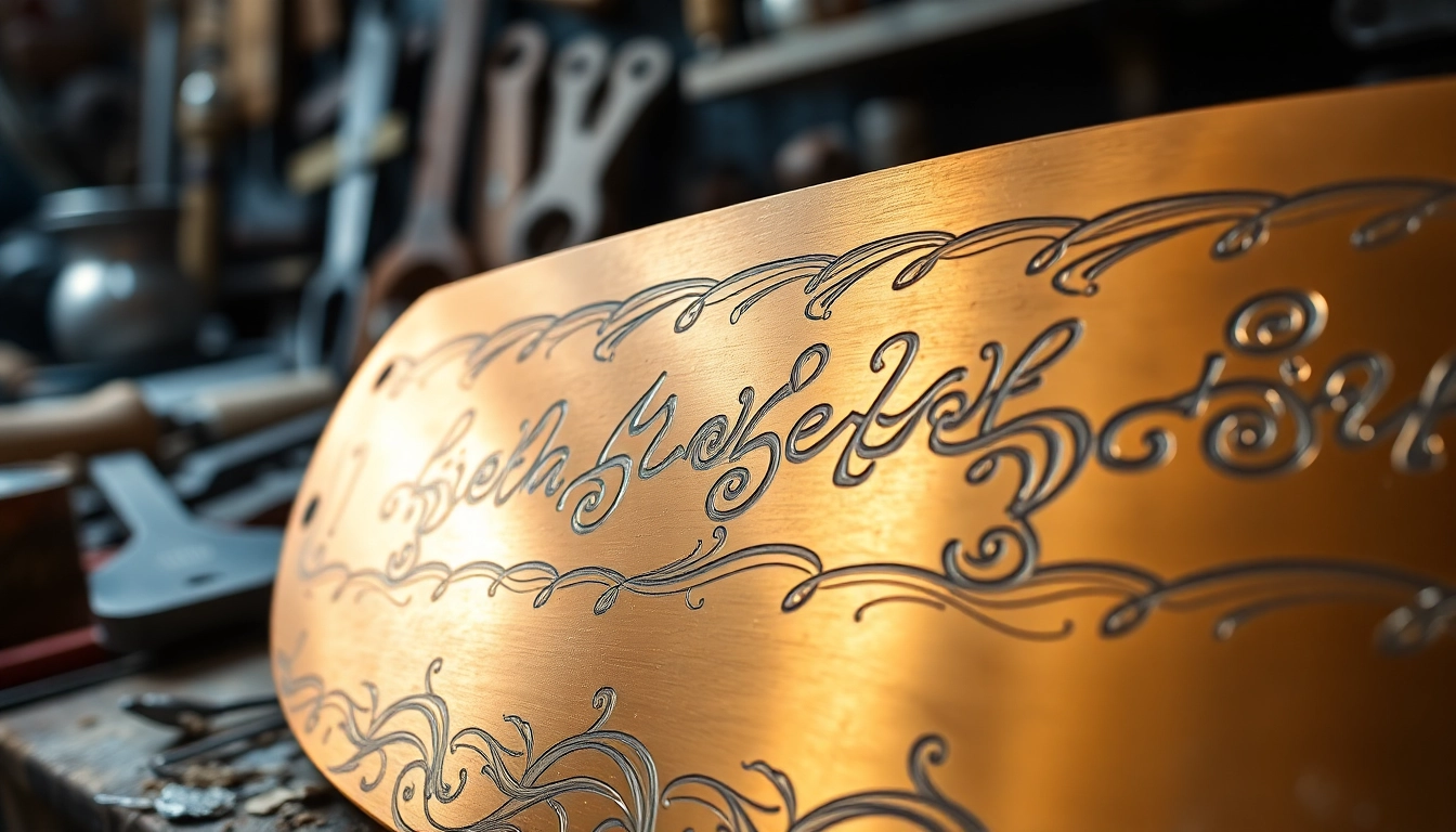 Platbanda bronz grafitat, evidențiind gravuri intricate și o textură polișată într-un mediu de atelier.