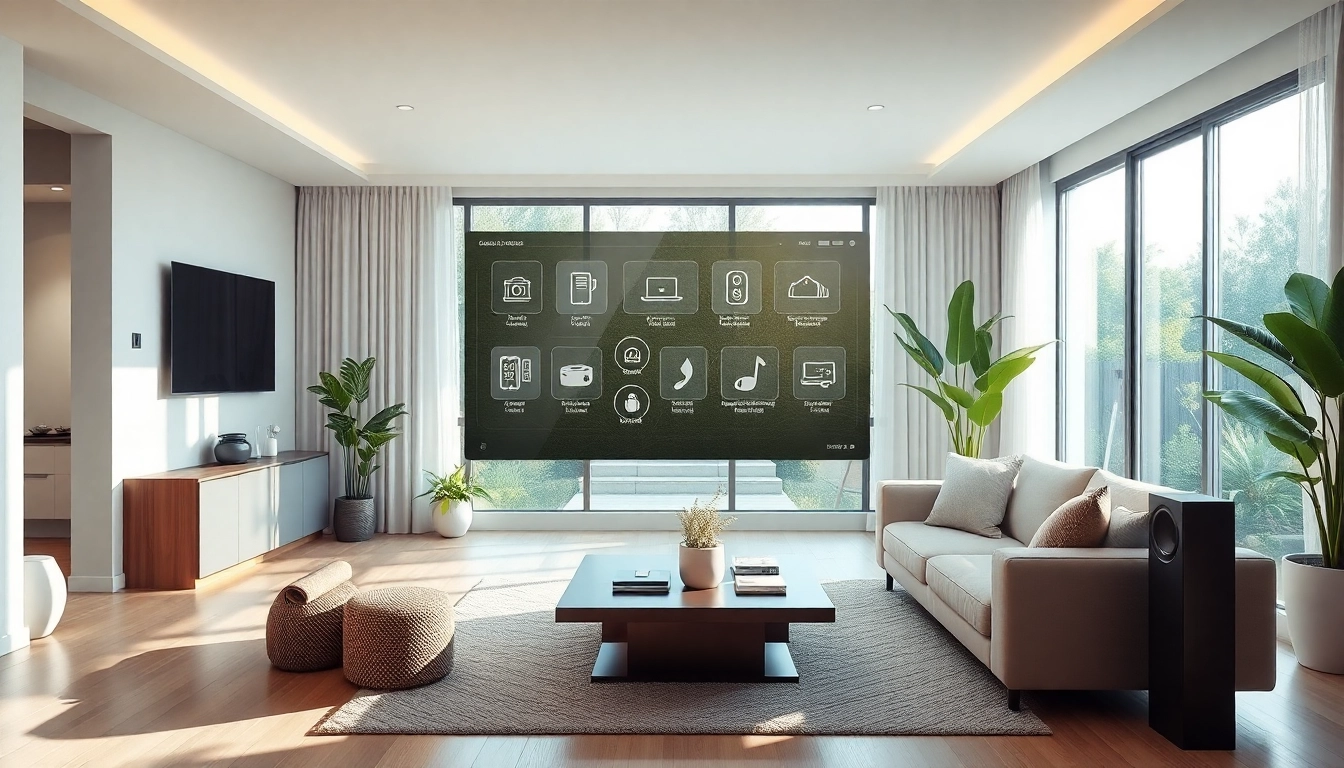 Wnętrze inteligentnego domu z nowoczesnym panelem sterującym i zaawansowaną technologią.