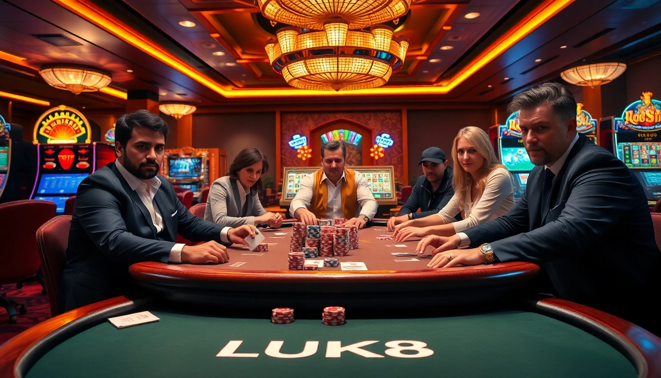 LUCK8 Casino scene showcasing high-stakes poker table and vibrant slot machines.