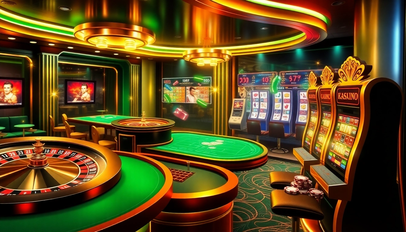 Des joueurs profitant de jeux palpitants dans un casino en ligne luxueux avec une roulette vibrante et des machines à sous.