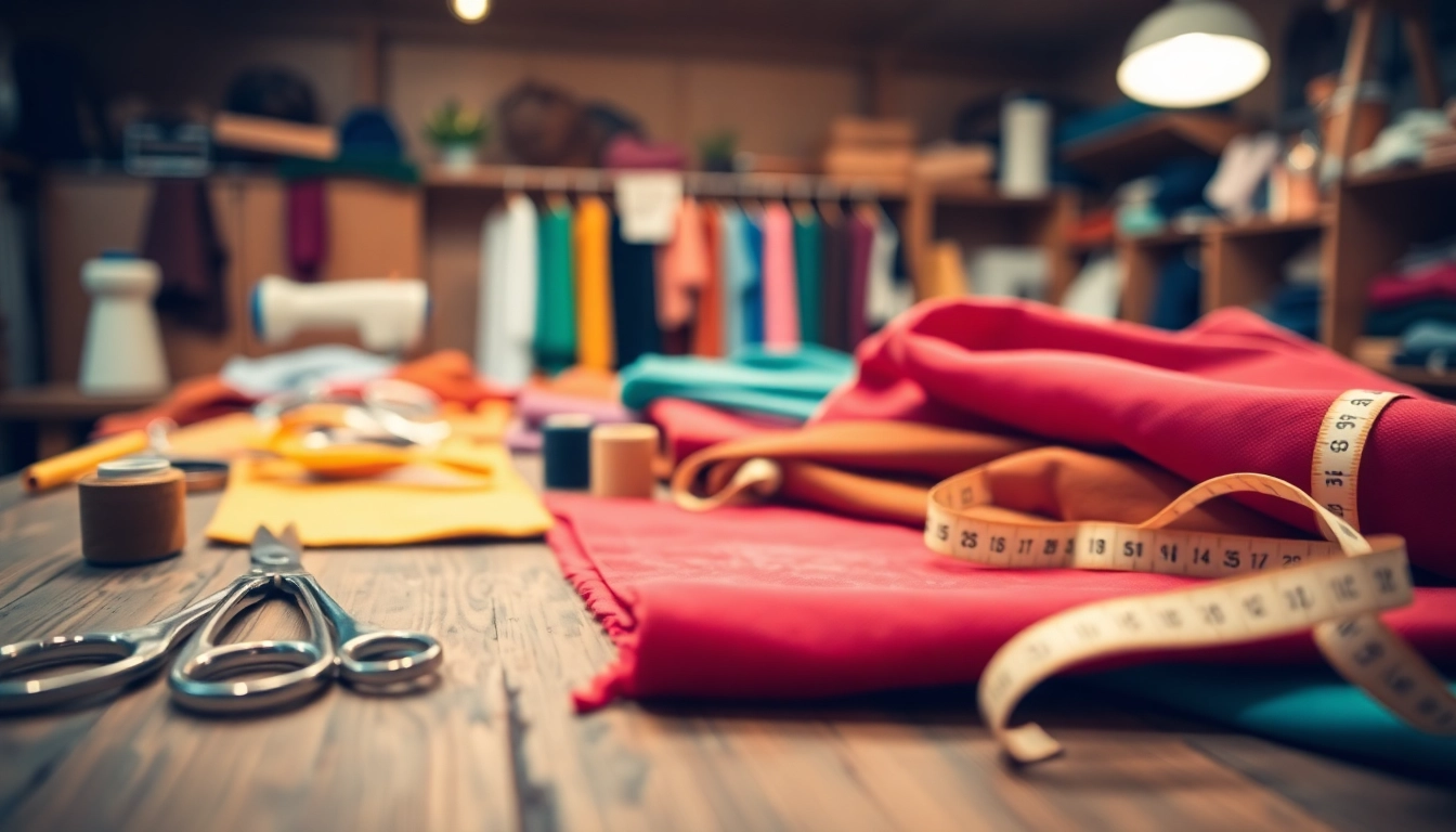 Katoen stof voor kleding met naaigereedschap op een houten tafel.