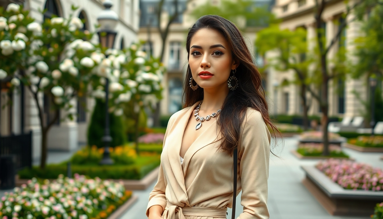 Explore beauty and style in a fashionable setting with a confident woman showcasing her outfit.