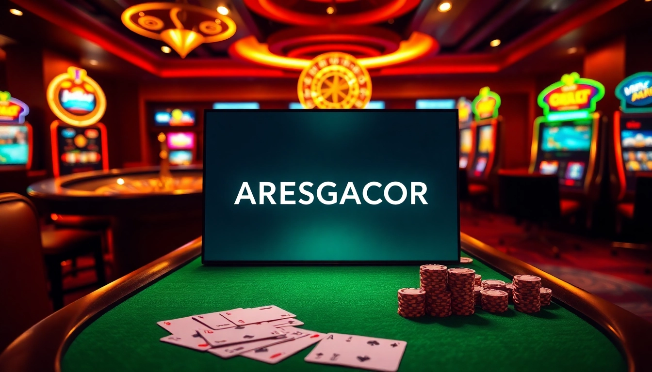 Experience the thrill of login aresgacor with vibrant online casino visuals and a poker game setup.