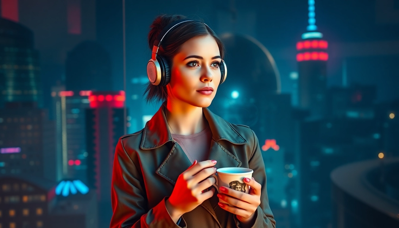 Image to prompt generation showing a young woman in a city at night, reflecting creativity.