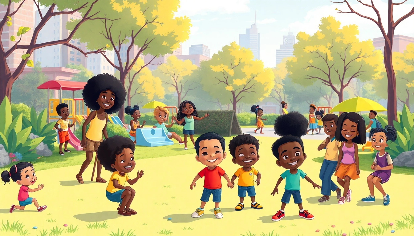 A vibrant scene with animated characters from African American Cartoons enjoying a lively urban park.