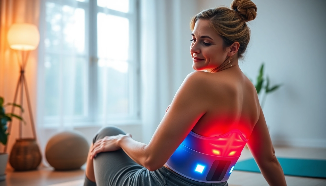 Woman using a red light therapy belt for back pain relief in a serene wellness setting