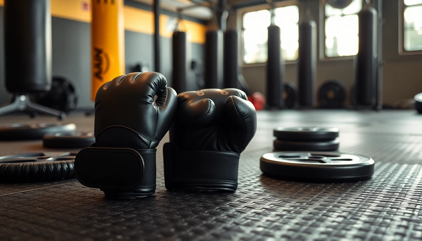 MMA gloves with unique textures and features, set against a dynamic gym scene.