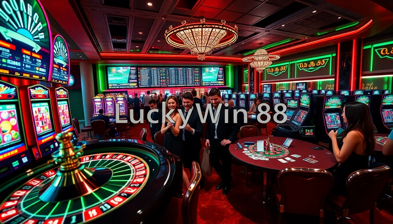 Experience the excitement of Luckywin88 with luxurious casino gameplay featuring roulette and slot machines.
