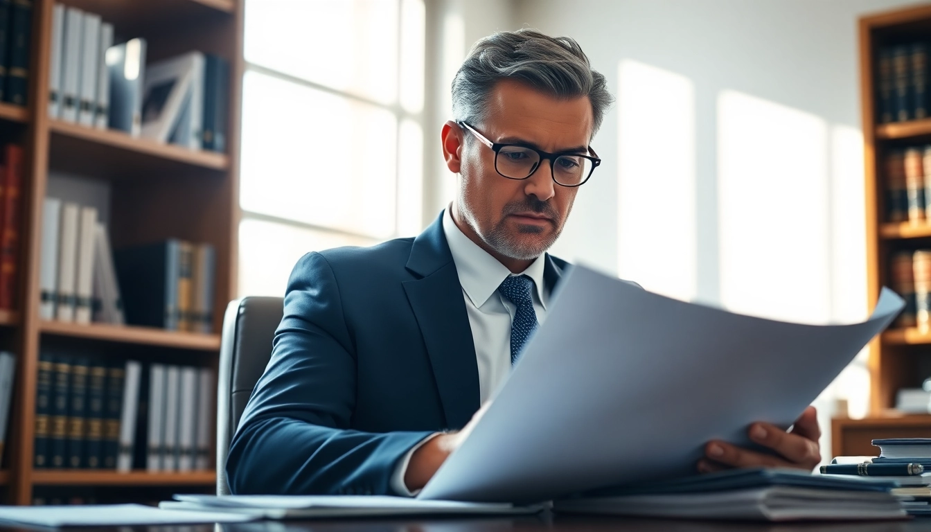 Empathetic personal injury lawyer in Grand Junction reviewing case files in a professional office.