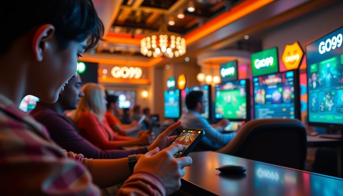 GO99 love online gaming platform featuring engaging visuals and players on various devices.