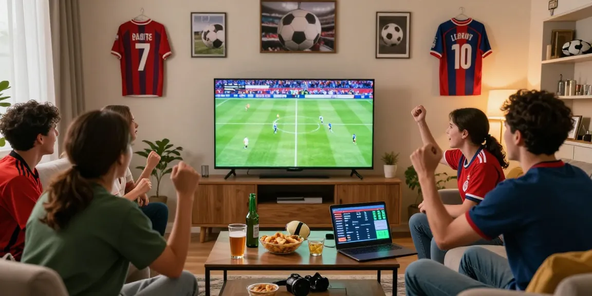 Nonton bola bersama teman-teman di ruang tamu yang nyaman, menyaksikan pertandingan sepak bola langsung dengan suasana ceria.